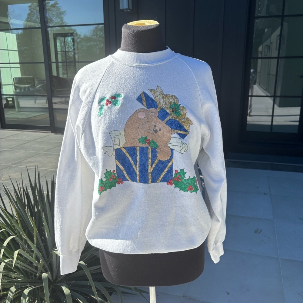 Vintage Oneita  Power-Sweats Teddy Bear Christmas Sweatshirt L Made in USA